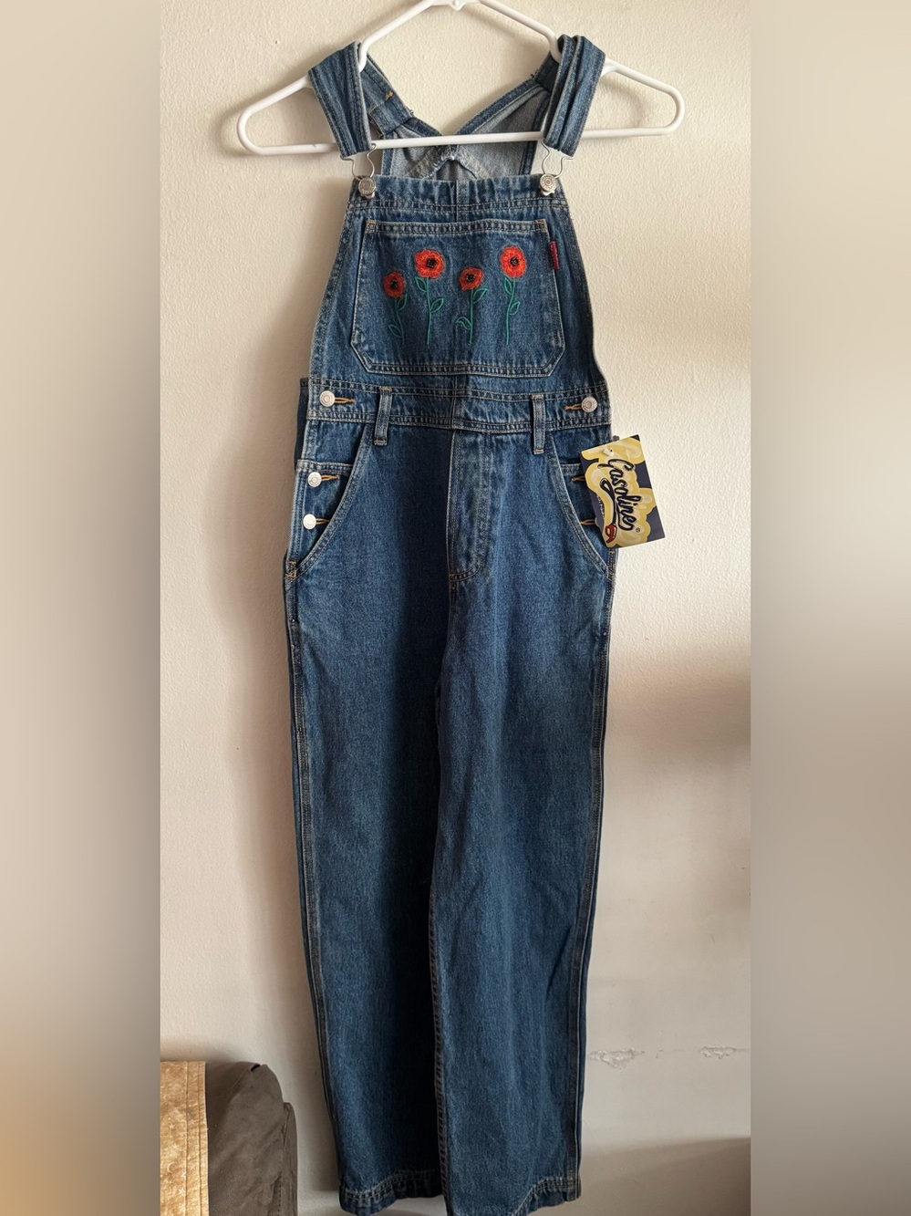 Vintage Kids Blue Denim Overalls with Red Floral Beaded Embroidery NWT